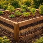 Bild zeigt Hochbeet mit sichtbaren Schichten, Materialien und der Erstbefüllung.