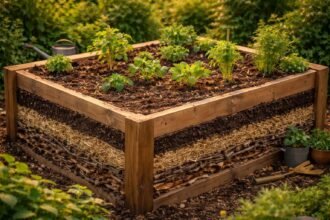 Bild zeigt Hochbeet mit sichtbaren Schichten, Materialien und der Erstbefüllung.