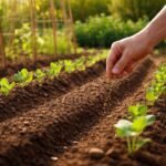 Blick aufs Erbsen und Bohnenbeet beim Aussaatstart im Frühling, beruhigend