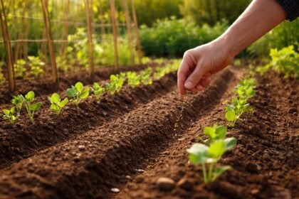 Blick aufs Erbsen und Bohnenbeet beim Aussaatstart im Frühling, beruhigend