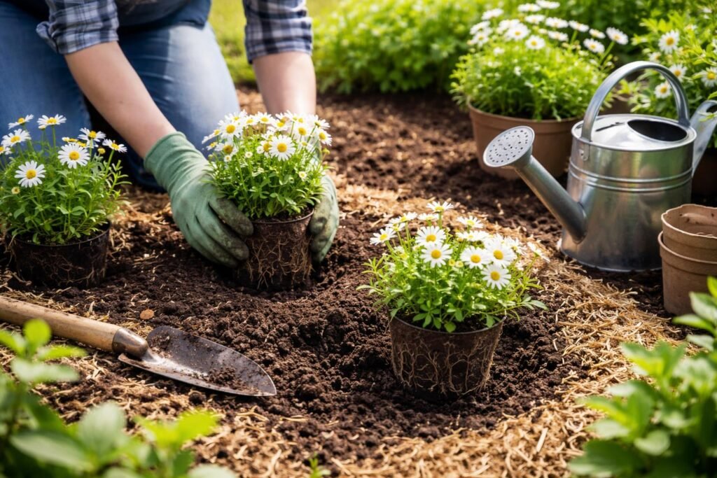 Jungpflanzen Margeriten werden in Töpfen gesetzt, sorgfältig gegossen und gepflegt