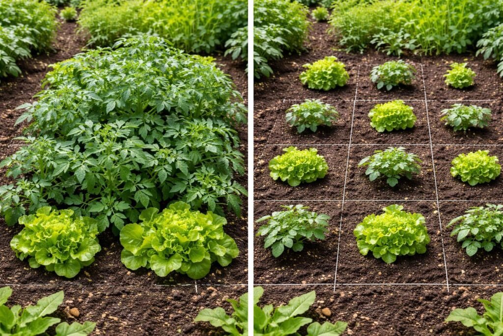 - Jungpflanzen zu dicht gesetzt, zu geringer Abstand im Frühjahrsbeet sichtbar.