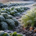 Winterliches Gartenbild mit frostresistentem Gemüse, robusten Sorten, frostigen Blättern und Tau.