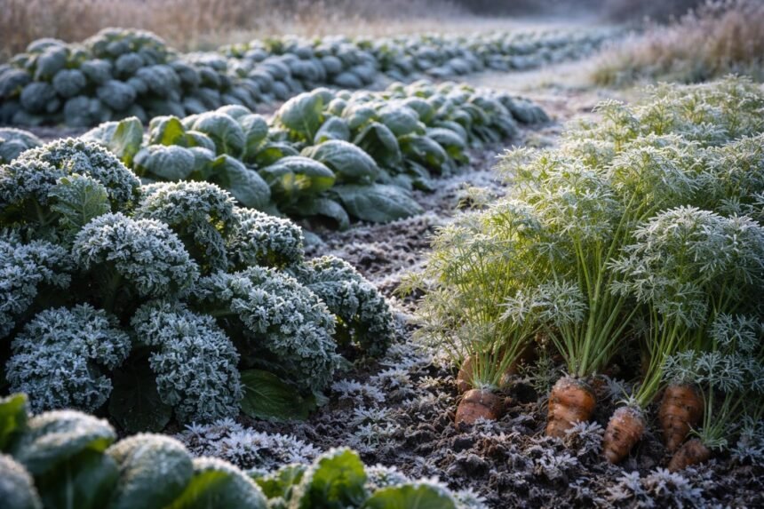 Kältetolerantes Gemüse: Diese Sorten trotzen dem Frost Winterliches Gartenbild mit frostresistentem Gemüse, robusten Sorten, frostigen Blättern und Tau.