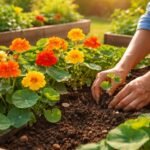 Kapuzinerkresse im Beet – leuchtende Blüten, grüne Blätter, erntebereit im Sommer