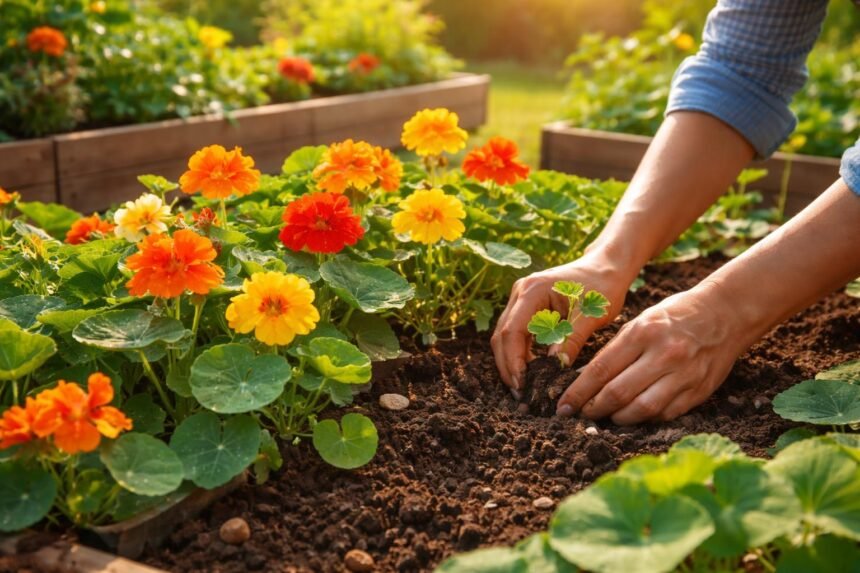 Kapuzinerkresse im Beet – leuchtende Blüten, grüne Blätter, erntebereit im Sommer
