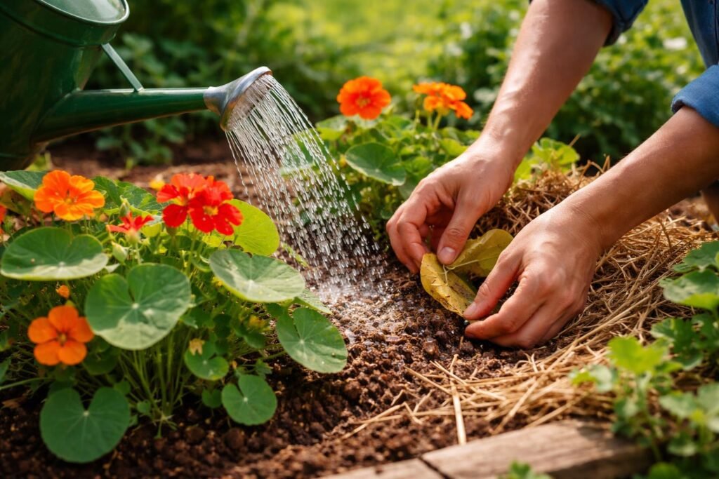- Kapuzinerkresse regelmäßig gießen, gleichmäßig feucht halten und schützende Mulchschicht berücksichtigen.
