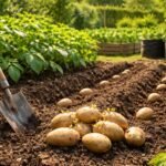 Kartoffeln werden in lockere Erde gesetzt, Beet zeigt frische Triebe im Frühling