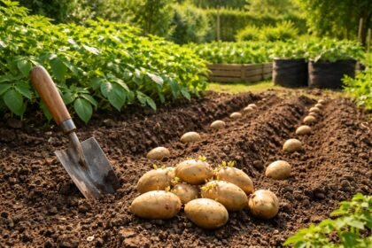 Kartoffeln werden in lockere Erde gesetzt, Beet zeigt frische Triebe im Frühling