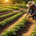 Nahaufnahme von Kartoffelpflanzen im Beet, frischer Boden, kräftige Knollen sichtbar und glänzend