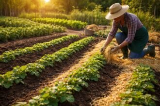 Nahaufnahme von Kartoffelpflanzen im Beet, frischer Boden, kräftige Knollen sichtbar und glänzend