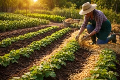 Nahaufnahme von Kartoffelpflanzen im Beet, frischer Boden, kräftige Knollen sichtbar und glänzend