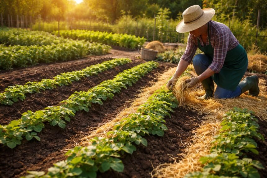 Kartoffeln setzen: Tipps für eine reiche Ernte Nahaufnahme von Kartoffelpflanzen im Beet, frischer Boden, kräftige Knollen sichtbar und glänzend