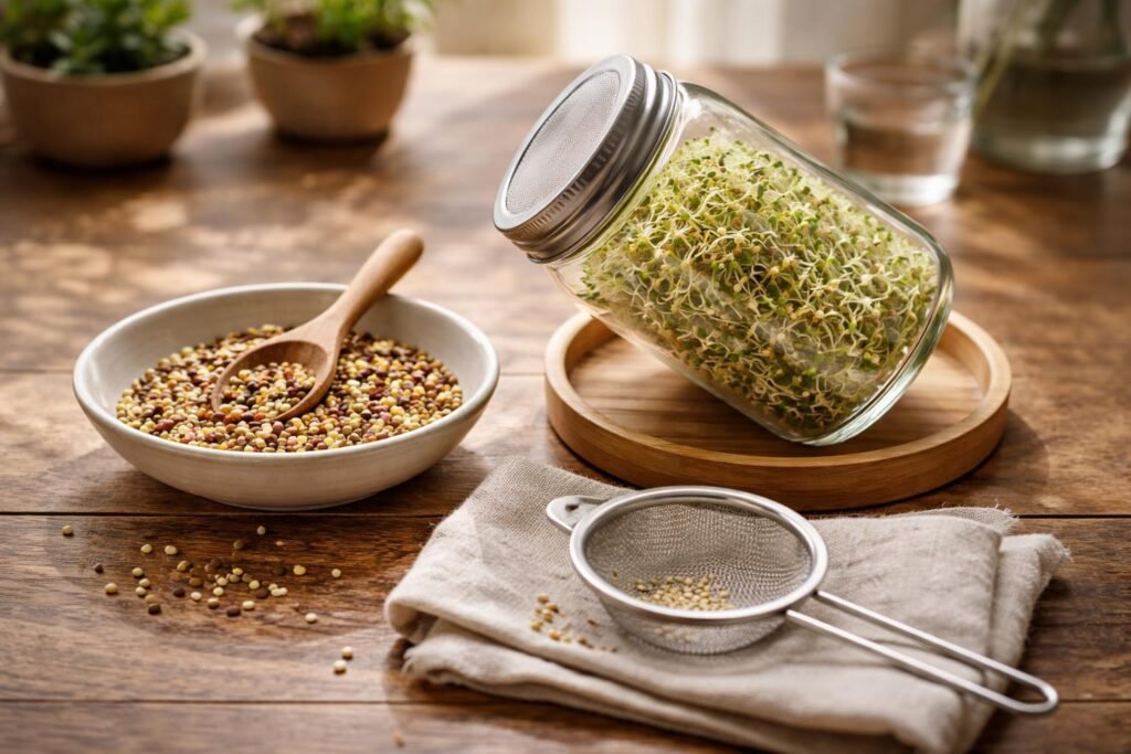 Anleitung zeigt, wie Keimgläser, Schalen und Siebe korrekt verwendet werden.