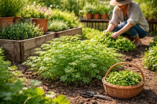Kerbel im Garten; rasche Ernte; milder anisartiger Duft, Frühlingsfrische und Kräuterduft