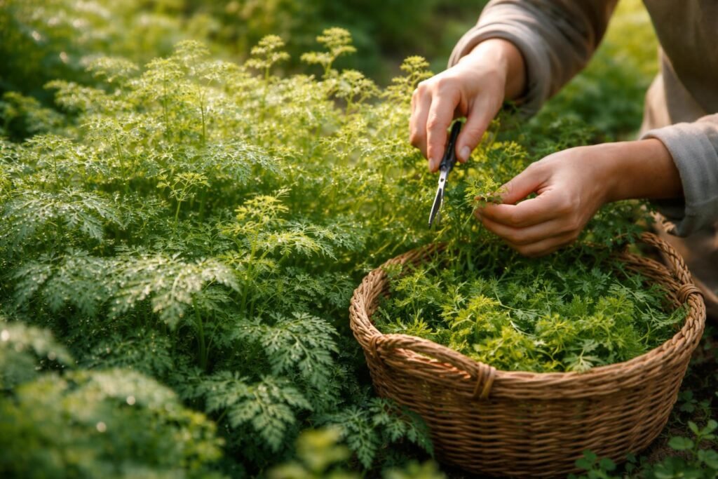 - Frisch geernteter Kerbel, grüne Blätter, Duft von Frühling und Kräutern.