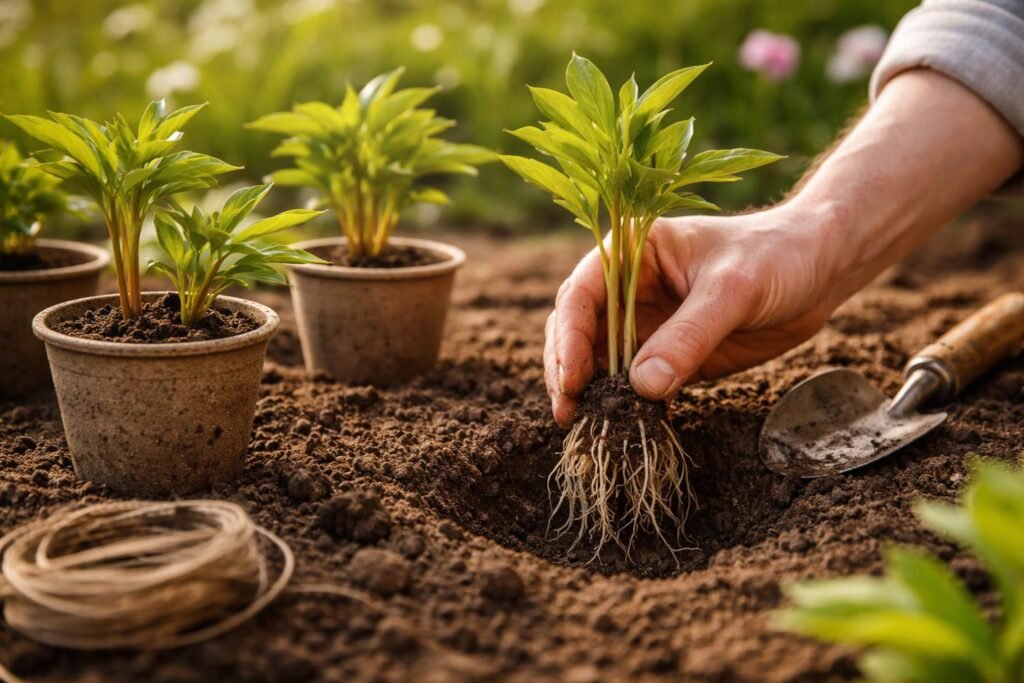 Pfingstrosen vermehren: Tipps zu Teilung, Stecklingen & Aussaat - Stecklinge einer Pfingstrose im Frühling zeigen mögliche Vermehrung durch Teilung, Stecklinge und Aussaat.