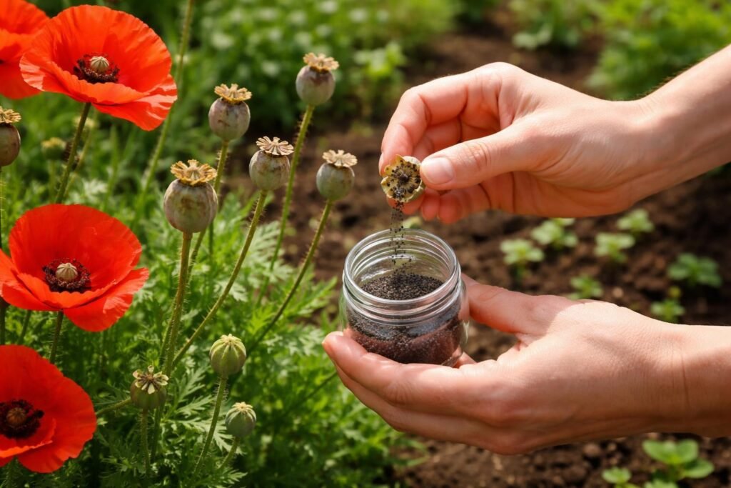 -Klatschmohn beim Samen sammeln: Reife Körner in trockenen Ähren, ideal für Aussaat.