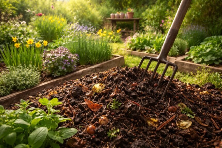 Komposthaufen im April: aktives Bodenleben, Rotteprozess nimmt Fahrt, Humusbildung beginnt.