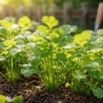 Frischer Koriander im Garten, grüne Blätter, robuste Stängel, aromatischer Duft.