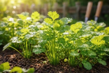 Frischer Koriander im Garten, grüne Blätter, robuste Stängel, aromatischer Duft.