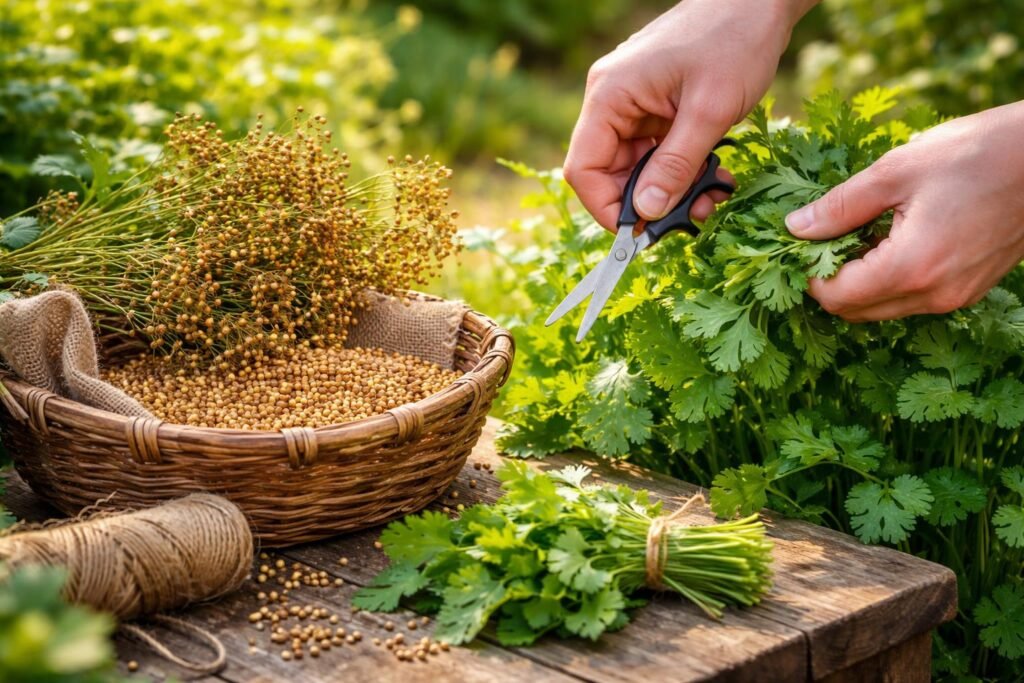 - Frisch geerntete Korianderblätter und Samen im Fokus der Pflanze, Nahaufnahme