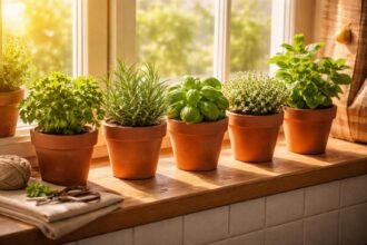 - Frische Kräuter von Fensterbank direkt in die Küche, aromatisch, grün.