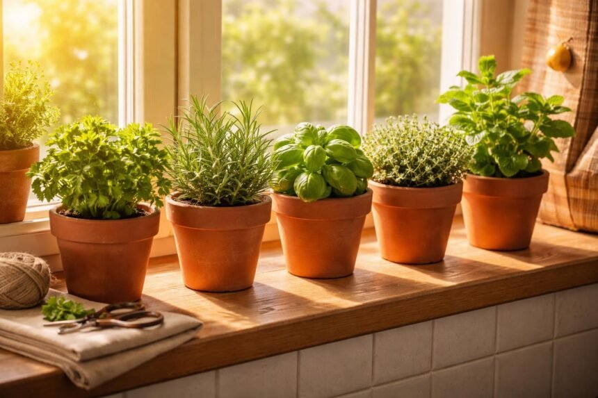 - Frische Kräuter von Fensterbank direkt in die Küche, aromatisch, grün.