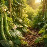 -Bohnenpflanzen im Garten wachsen kräftig, Buschbohnen und Stangenbohnen stehen dicht.