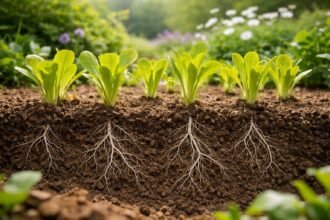 - Zwei Phasen Chicorée-Kultur im Beet: Wurzeln wachsen, Sprossen treiben sichtbar.