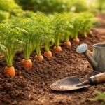 Kompakte Bildbeschreibung zu Standort, Boden und Pflege für Möhren im Garten.