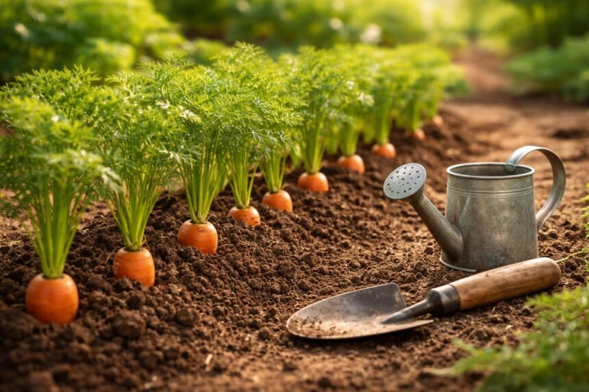 Kompakte Bildbeschreibung zu Standort, Boden und Pflege für Möhren im Garten.