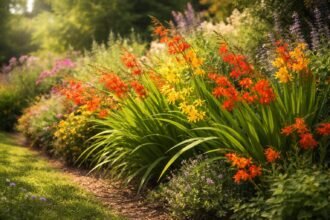 - Montbretien mit leuchtenden Blüten in Orange, Rot oder Gelb im Garten