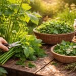 - Liebstöckel im Garten, würziger Duft, kräftiges Wachstum, frische Blätter bereit.