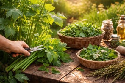 - Liebstöckel im Garten, würziger Duft, kräftiges Wachstum, frische Blätter bereit.
