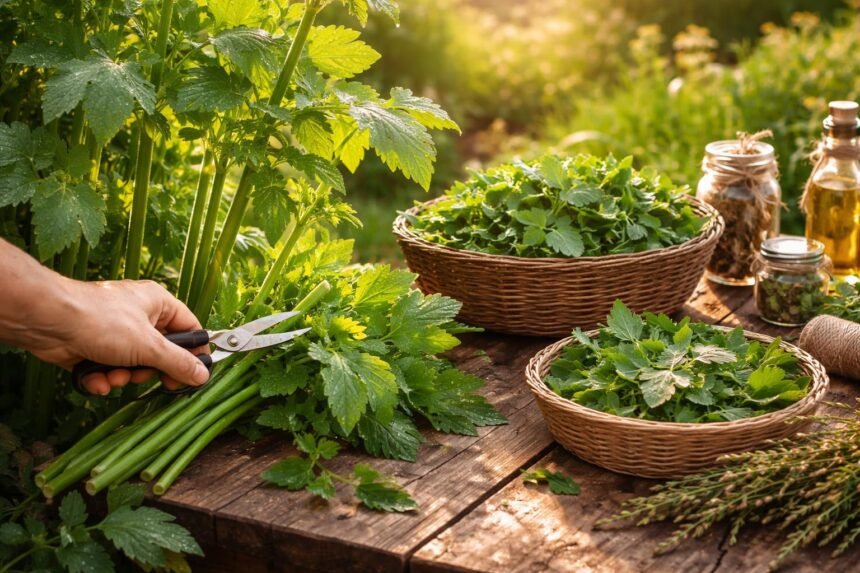 - Liebstöckel im Garten, würziger Duft, kräftiges Wachstum, frische Blätter bereit.