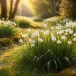 Märzenbecher-Garten – zarte, glockenförmige Blüten im Frühlingslicht neben Grasrand und Moos