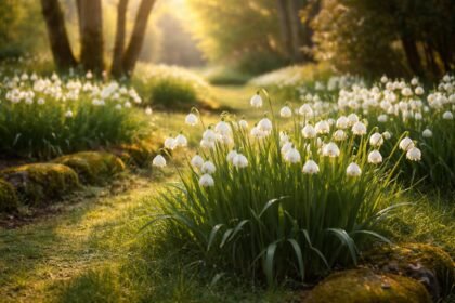 Märzenbecher-Garten – zarte, glockenförmige Blüten im Frühlingslicht neben Grasrand und Moos