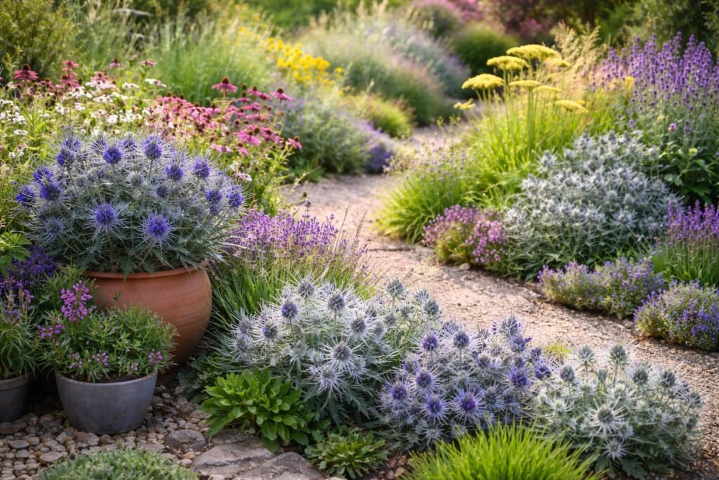 - Mannstreu für Beete, Kiesgärten und Töpfe in atemberaubender Vielfalt und Farbe.