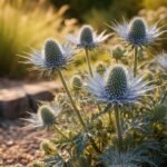 Mannstreu mit silbrig-blauen Blättern und spitzen Blüten im Beet in sonnigen Kiesgärten.