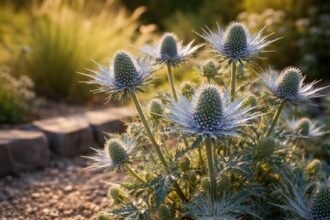 Mannstreu mit silbrig-blauen Blättern und spitzen Blüten im Beet in sonnigen Kiesgärten.