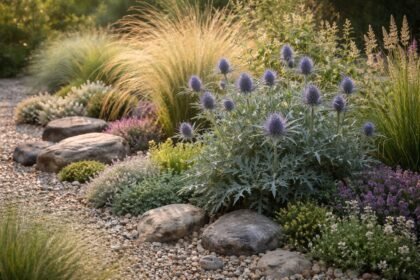 Mannstreu Eryngium mit metallischem Glanz, strukturiert Beet, natürlich wirkend und wildem Charakter