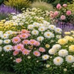 Verschiedene Margeritenarten mit gelbem Mittelpunkt in bunten Beetflächen und Beeten auf einem Gartenweg