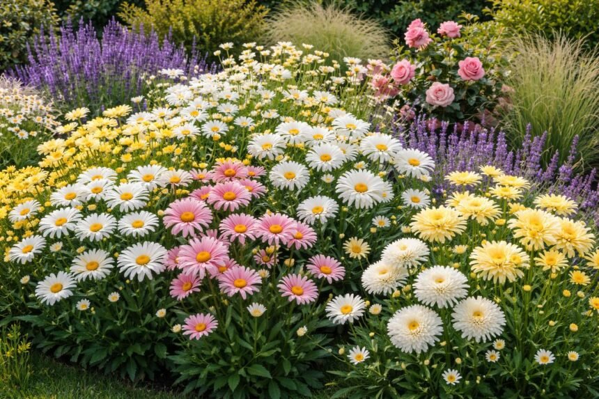 Verschiedene Margeritenarten mit gelbem Mittelpunkt in bunten Beetflächen und Beeten auf einem Gartenweg