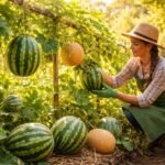 Bunte Melonen im sonnigen Garten reifen, bereit zur ersten eigenen Ernte.