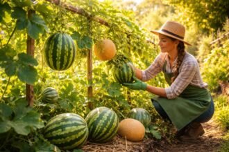 Bunte Melonen im sonnigen Garten reifen, bereit zur ersten eigenen Ernte.