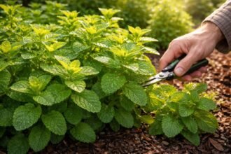 Frische Minzblätter wachsen dicht im Beet, sonnig, bereit zur Ernte und Verwendung.