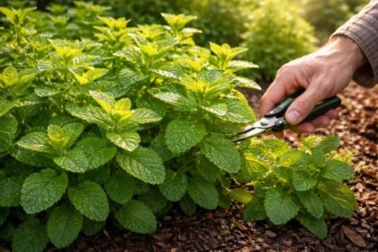 Frische Minzblätter wachsen dicht im Beet, sonnig, bereit zur Ernte und Verwendung.