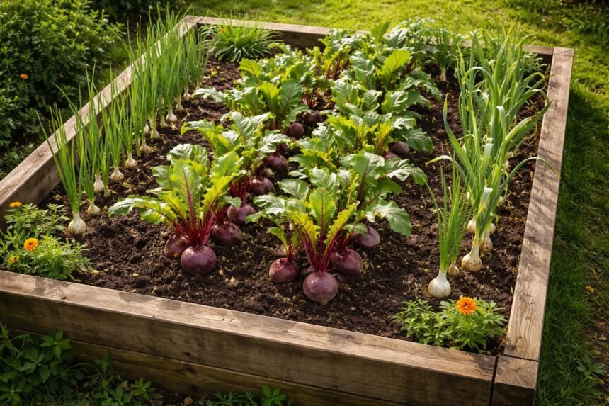 Rote Bete liebt Begleiter Zwiebeln und Knoblauch im Hochbeet für gesunde Erträge.