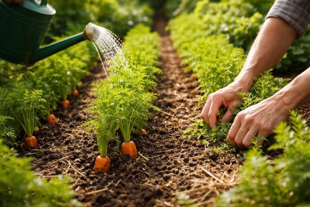 - Bild zeigt Möhren im Beet: Gießen, jäten, ausdünnen im Fokus